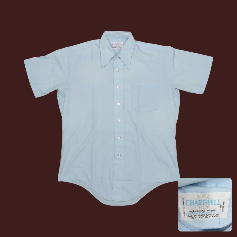 Vintage 70s Dagger Point Collar Light Blue Short Sleeve Button Up Mens Medium